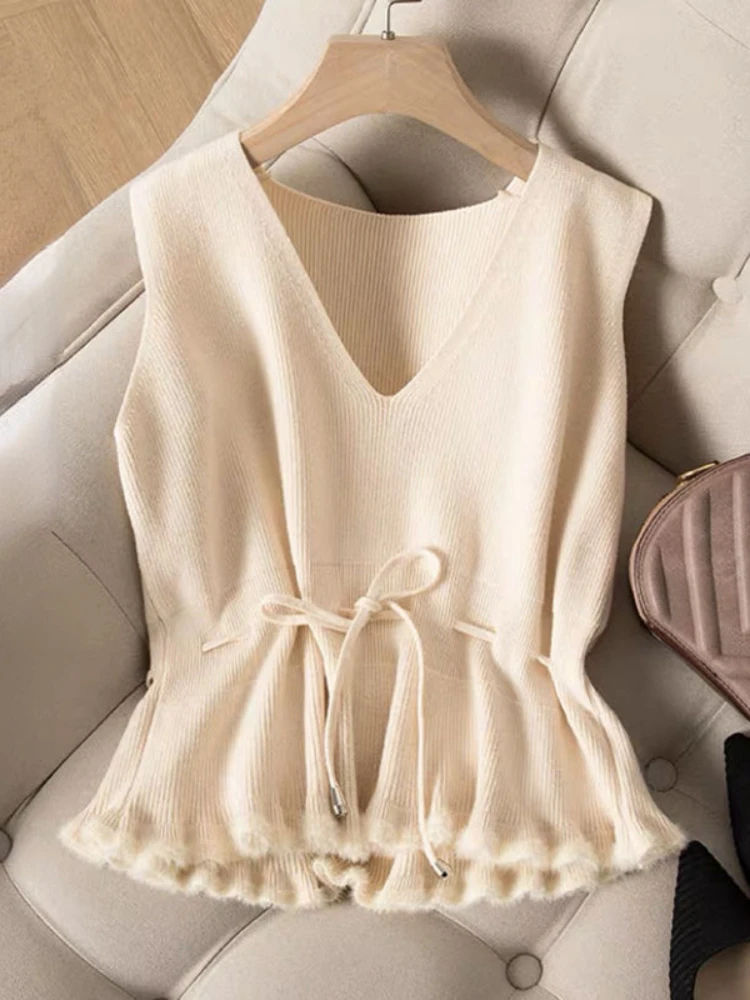 

Fashion Women's Sleeveless Vest Sweater 2023 New Autumn Winter Pullovers V-Neck Top Solid Vintage Knitwear Warm Interior Jumpers