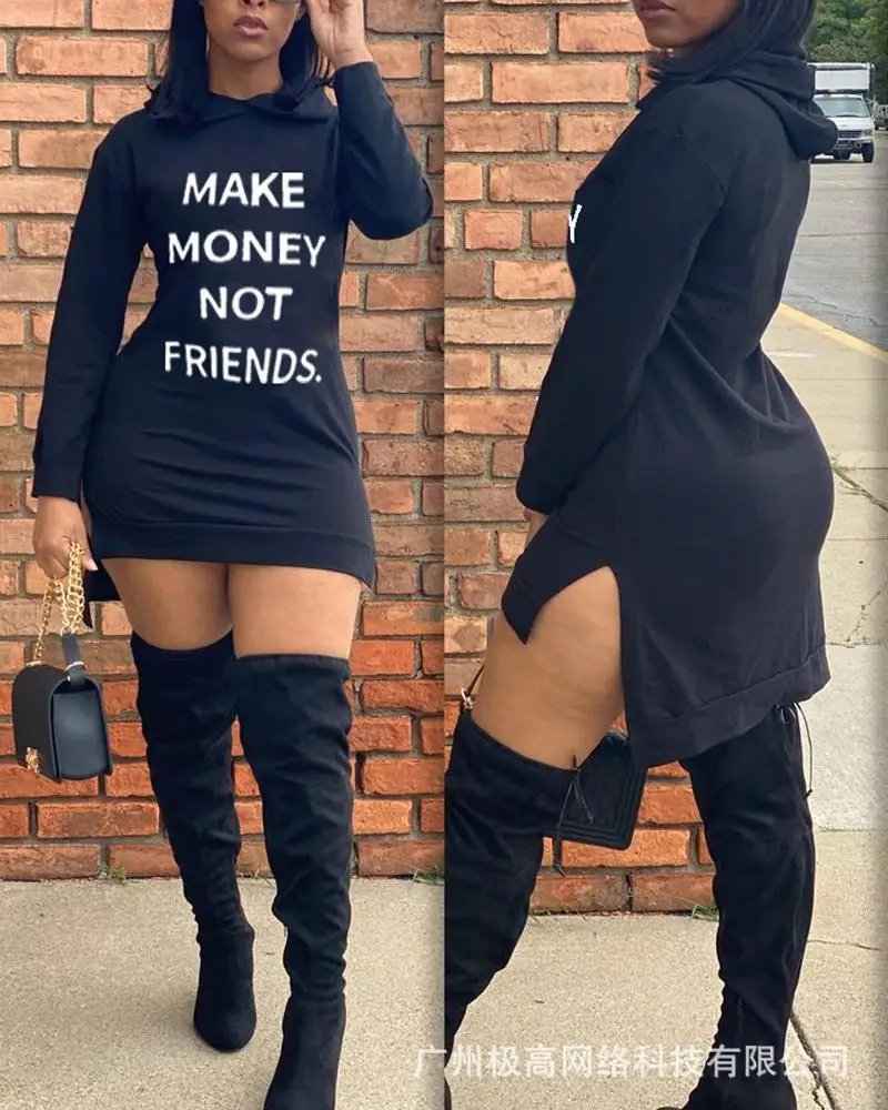 

Платье-свитшот с длинным рукавом и разрезом, с капюшоном