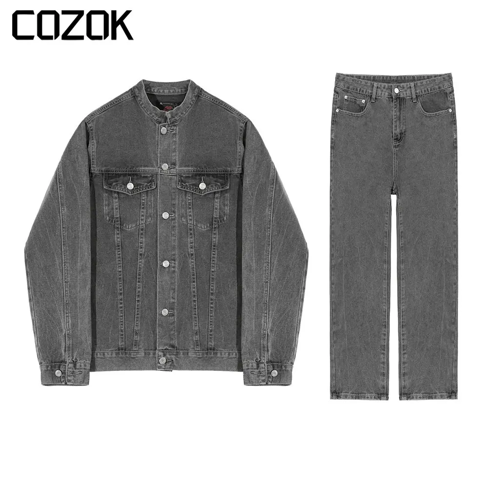 

Korean Fashion Men's Distressed Denim Suits Streetwear Harajuku Solid Color Loose Cowboy Jackets and Jeans 2 Piece Sets Unisex