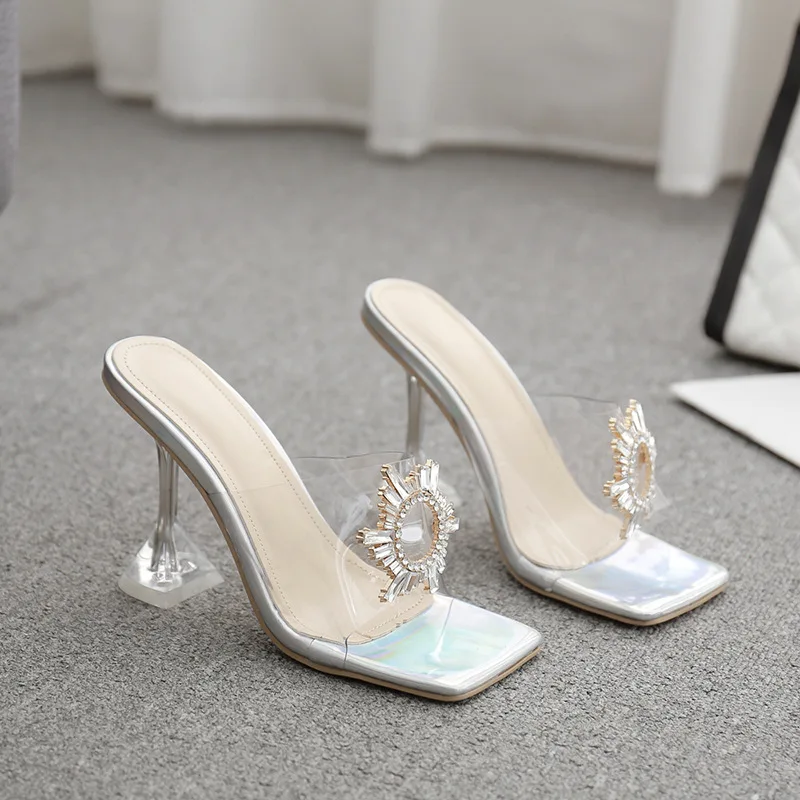 

New Summer Women's Sandals Rhinestone Sun Buckle Wine Glass with Transparent Square Toe High-heeled Sandals and Slippers