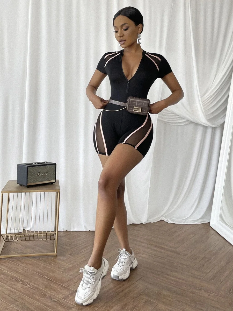 

LW SXY Zipper Striped Design Romper Contrast Mesh Tape Detail Jumpsuits Patchwork O Neck Women Skinny Clothings(Without Bum Bag)