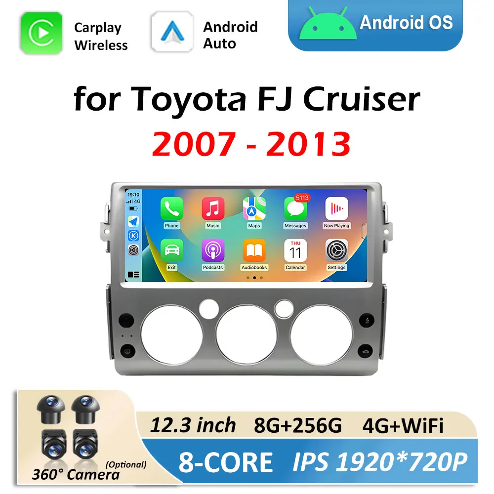 Фото Беспроводная GPS-навигация Carplay для Toyota FJ Cruiser 2007 2008 2009 2010 2011-2013, Bluetooth-вентилятор охлаждения, авторадио, головное устройство №1