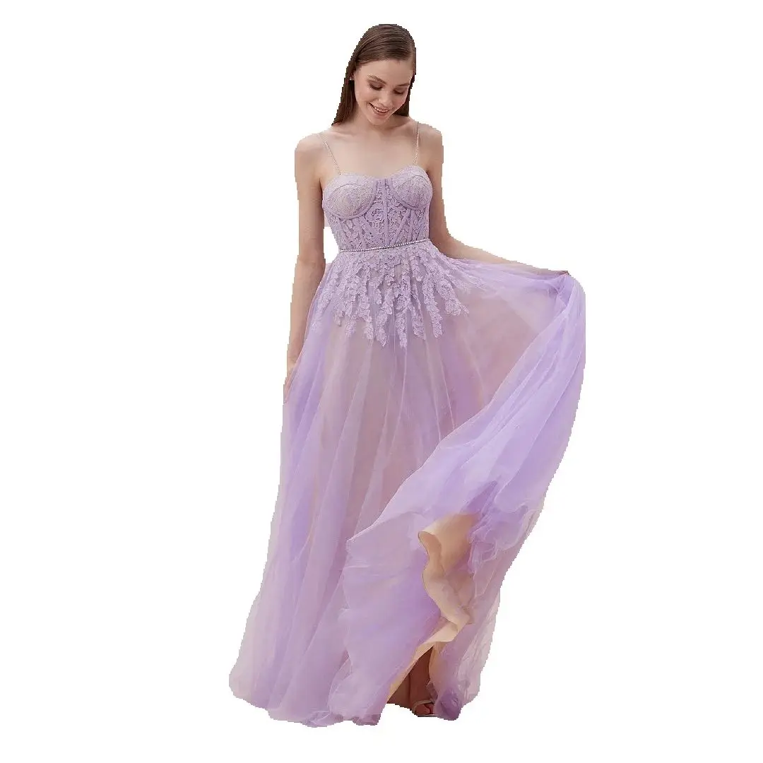 Prom Dresses Women Spaghetti Straps Tulle Maxi Gown Illusion Corset Customized Wedding Party Dress Lace bestidos de gala