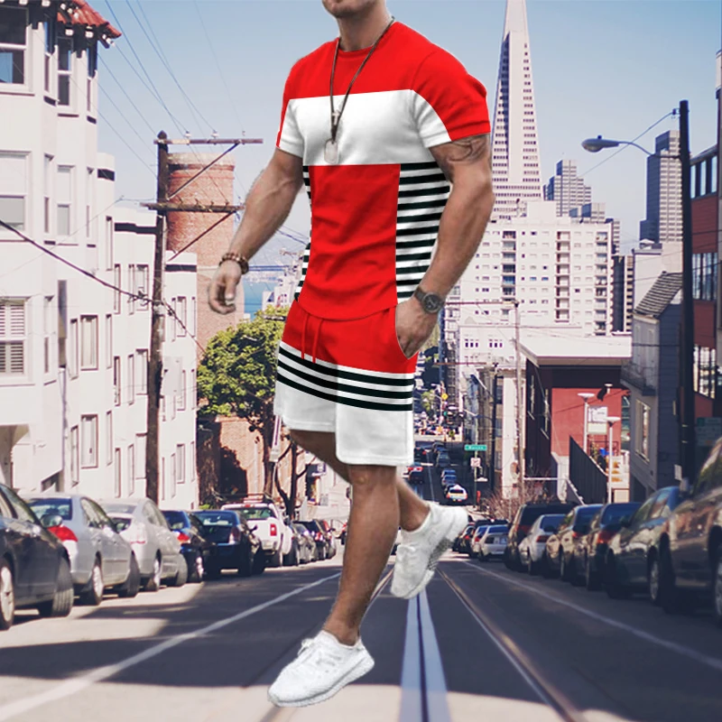 New Summer Stripe 3D Printed Men Loose Outdoor Jogging Streetwear T Shirt Short Sleeve Tracksuit Suit Breathable Casual Clothes