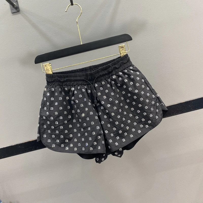 Black Elastic Waist Shorts Rhinestone Letters Wide Leg Shorts Women's Summer Thin Sports Casual Pants Slim Fit Short Hot Pants