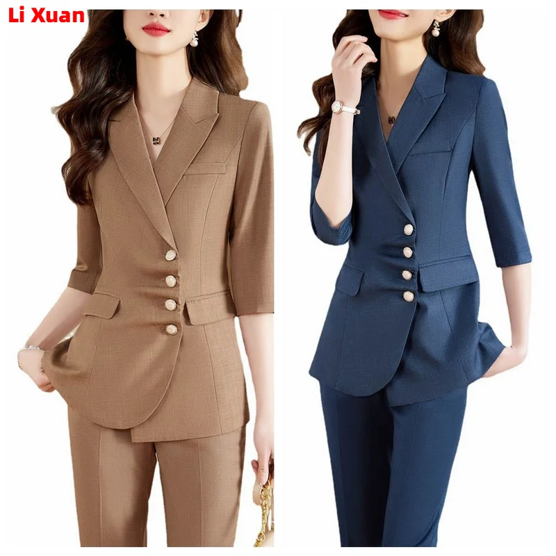 High Quality Korean 2023 Summer Suit Slim Women Elegant Office Half Sleeved Blazer Formal Set Femme 2 Piece Jackets Pants