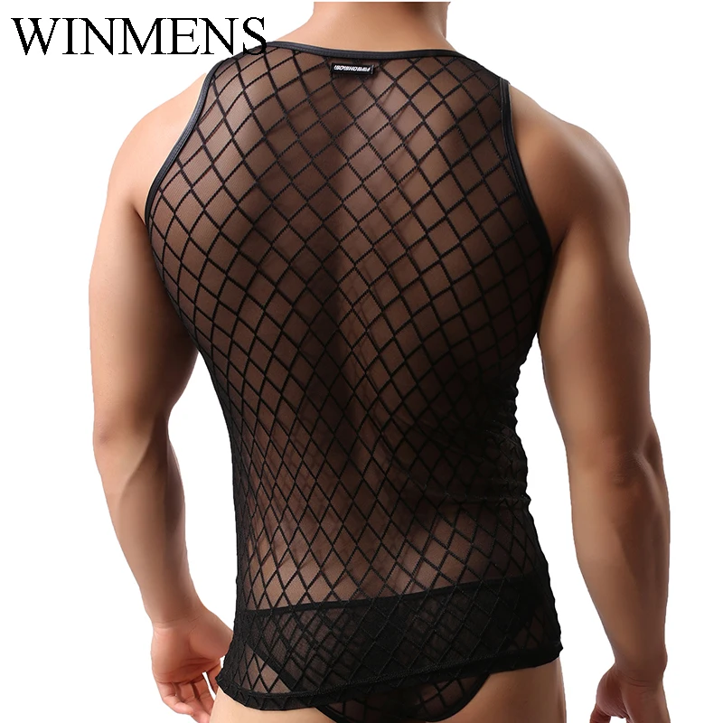 Men's Sleeveless Undershirt See Through Diamond Mesh Vest Summer Breathable V-neck Singlet  Sheer Fishnet Gay Slimming Shirts