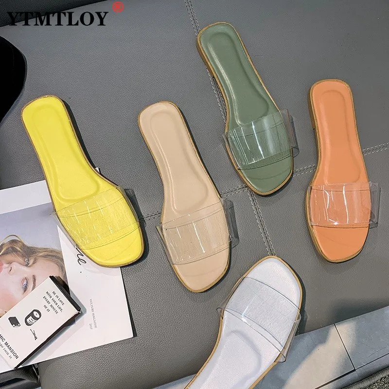 

Slippers for Women Outer Wear Summer New Fashion Solid Color Casual Flat-bottom Lazy Sandals Flip Flop Shoes Transparent 6