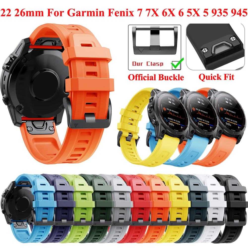 

26 22mm Official Watchband For Garmin Fenix 7 7X 6 6X Pro 5 5X Plus 3HR 935 Epix Silicone Band Fenix6 Fenix7 Easyfit Wrist Strap