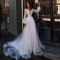 2022 beach v neck aline wedding dresses with long sleeves lace appliques tulle bridal gowns vestido de novia
