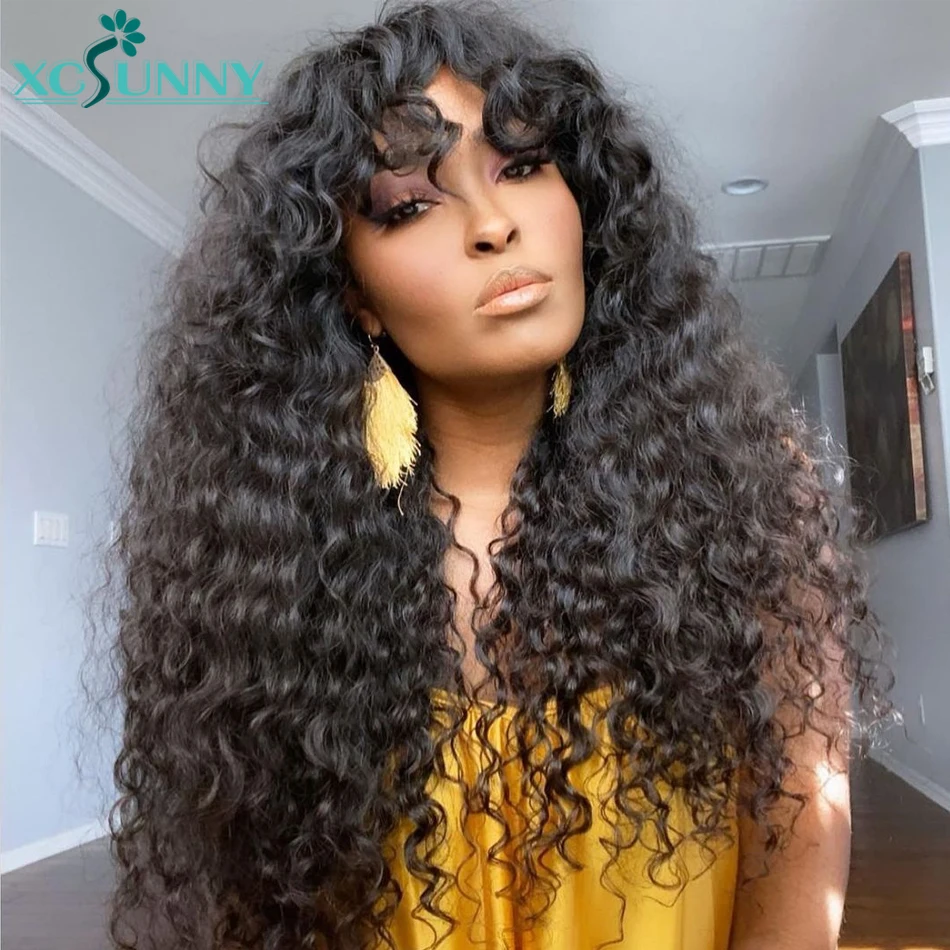 Deep Curly Wig With Bangs Human Hair 200 Density 24inch Pictured O Scalp Top Machine Made Wig Glueless Remy Brazilian Xcsunny