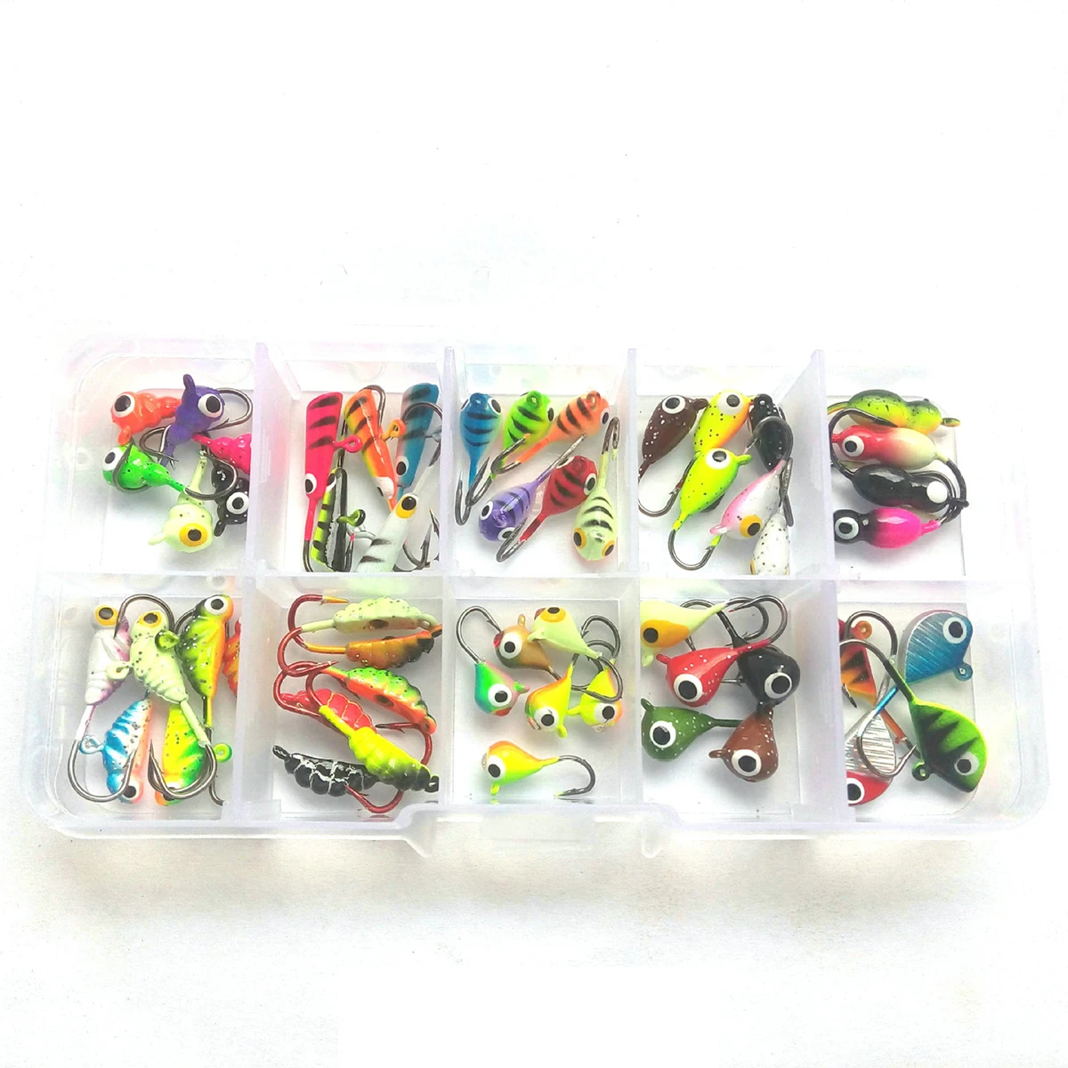 

Goture New 54pcs/Lot Ice Jig 1.1-2.5g 15-29mm Fishing Lure Sinking for Panfish Winter Jig Luminous Lure with Fishing Tackle Box
