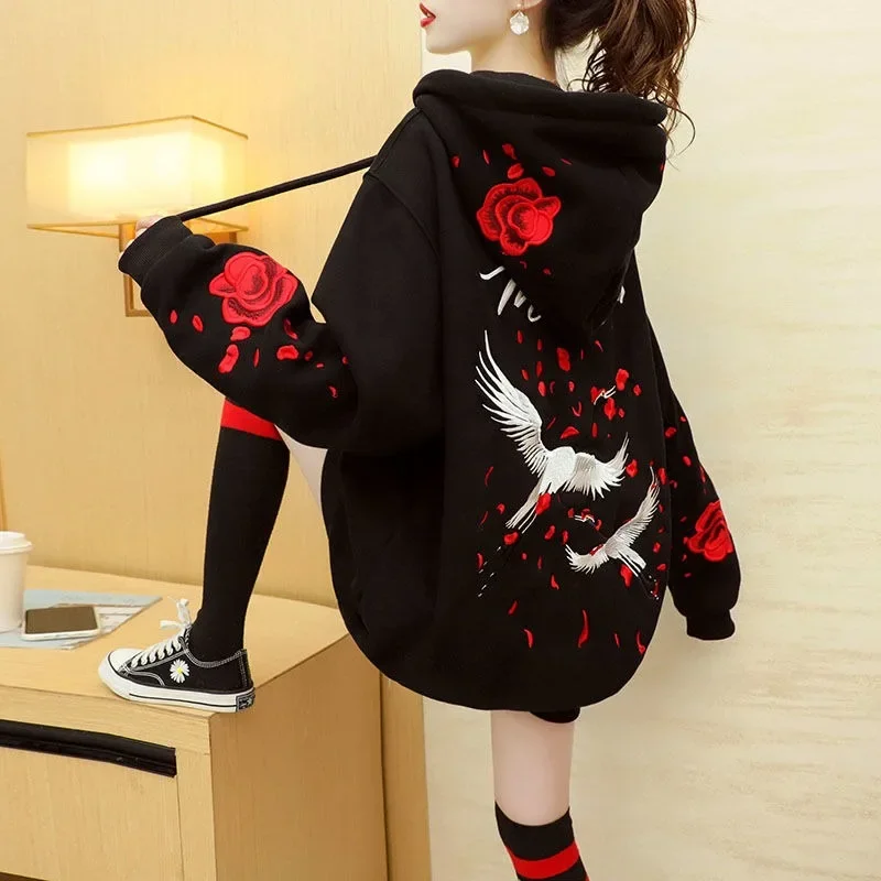 Women Hoodies Chinese Style Embroidery Sweatshirts White Crane and Flower New Fashion East