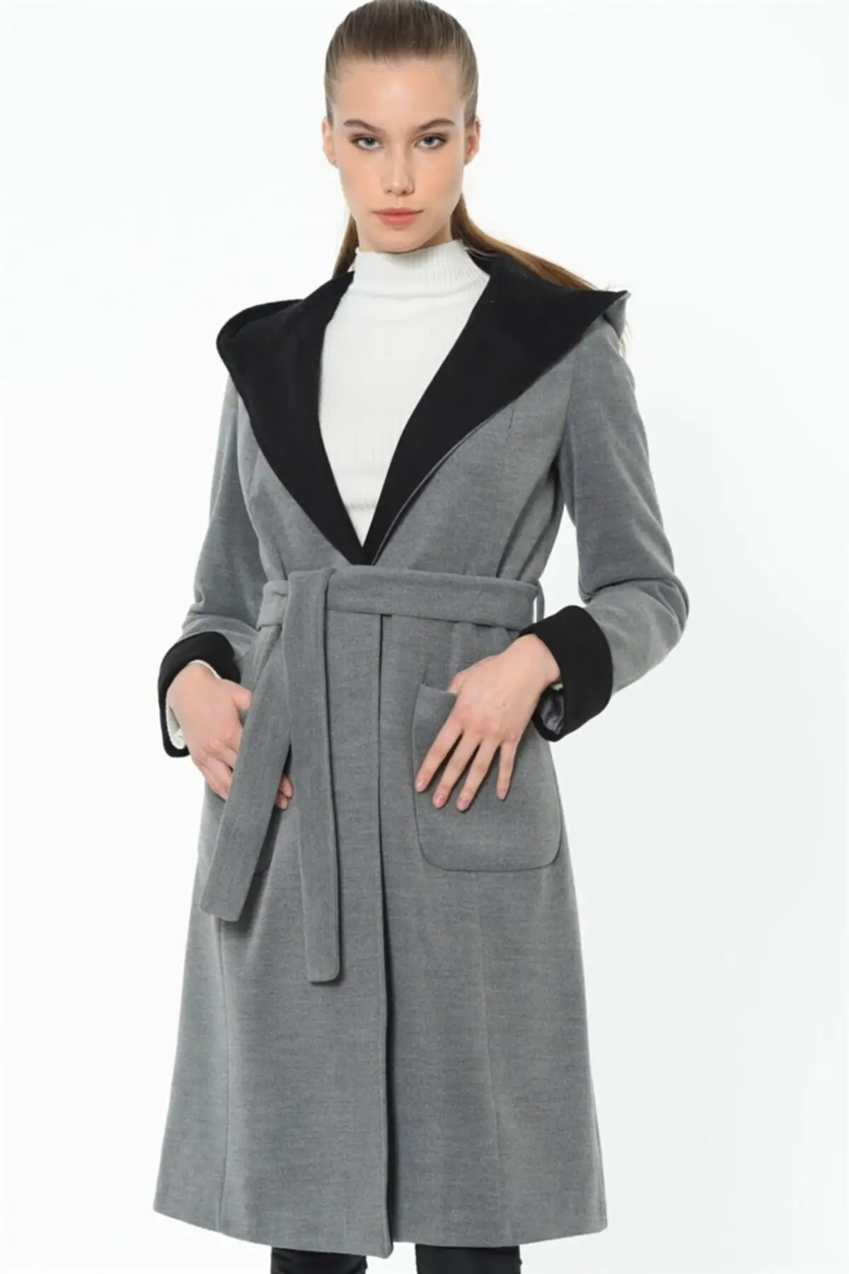 Women's Coats Gray Hooded Long Sleeve Belted Thick Stylish Elegant Useful 2021 Winter Autumn Fashion Outerwear Coats