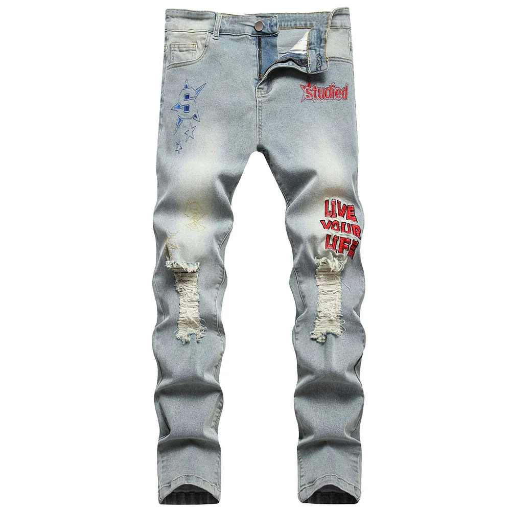 

Men Embroidery Stretch Denim Jeans Letters Spider Web Slim Tapered Pants Vintage Retro Blue Holes Ripped Distressed Trousers