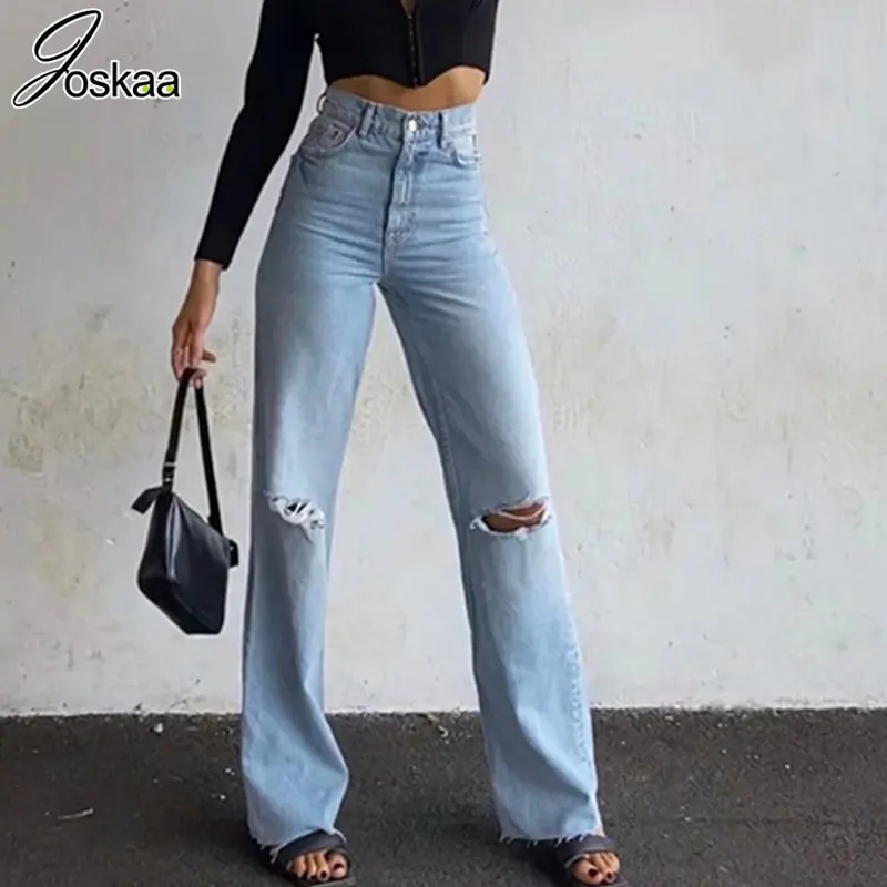 

Joskaa Solid High Waisted Ripped Jeans Woman Clothing Spring 2023 Fashion Denim Straight Leg Pants Female Bottom Streetwear