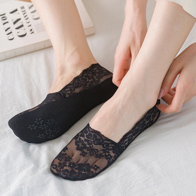 5 pairs/lot Summer Ultrathin Lace Flower Sock Slippers for Women Girls Cotton Silicone Non-slip Invisible Lady Boat Socks Female