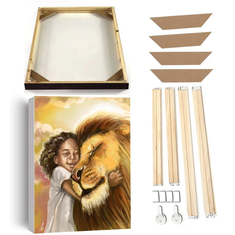 

Girl and Lion Oil Painting on Canvas with Frame Wild Animal Abstract Poster and Prints Retro Modern Home Decor Picture Bedroom