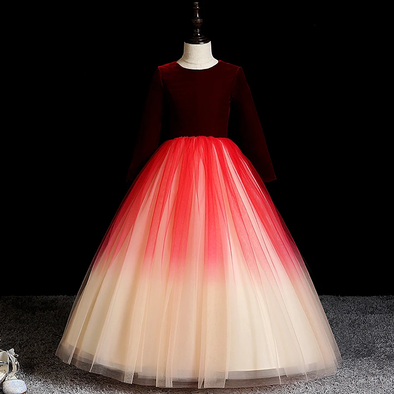 Бордовое вечернее платье с круглым вырезом и блестками, элегантное бальное платье до пола с длинными рукавами в стиле ампир, Простые Вечерние платья с цветами для девочек, B1855