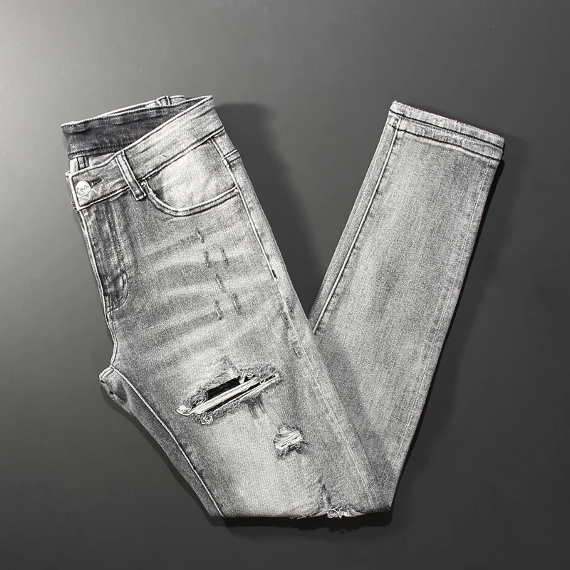 

Street Style Fashion Men Jeans High Quality Retro Gray Elastic Slim Fit Destroyed Ripped Jeans Men Designer Hip Hop Denim Pants