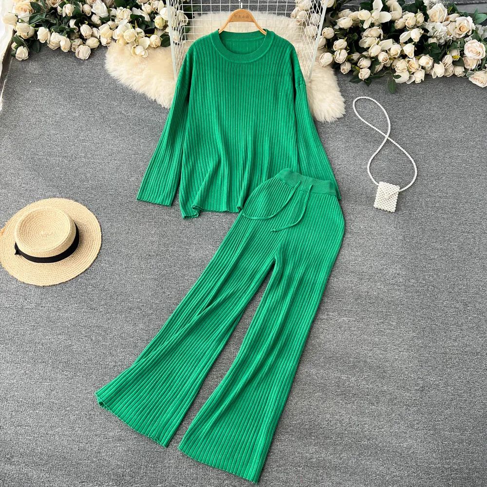 

Casual Loose Knit Suit Fall Loose Lazy Wind Solid Color Round Neck Top Elastic Waist Wide Leg Pants 2 Piece Women's Clothing