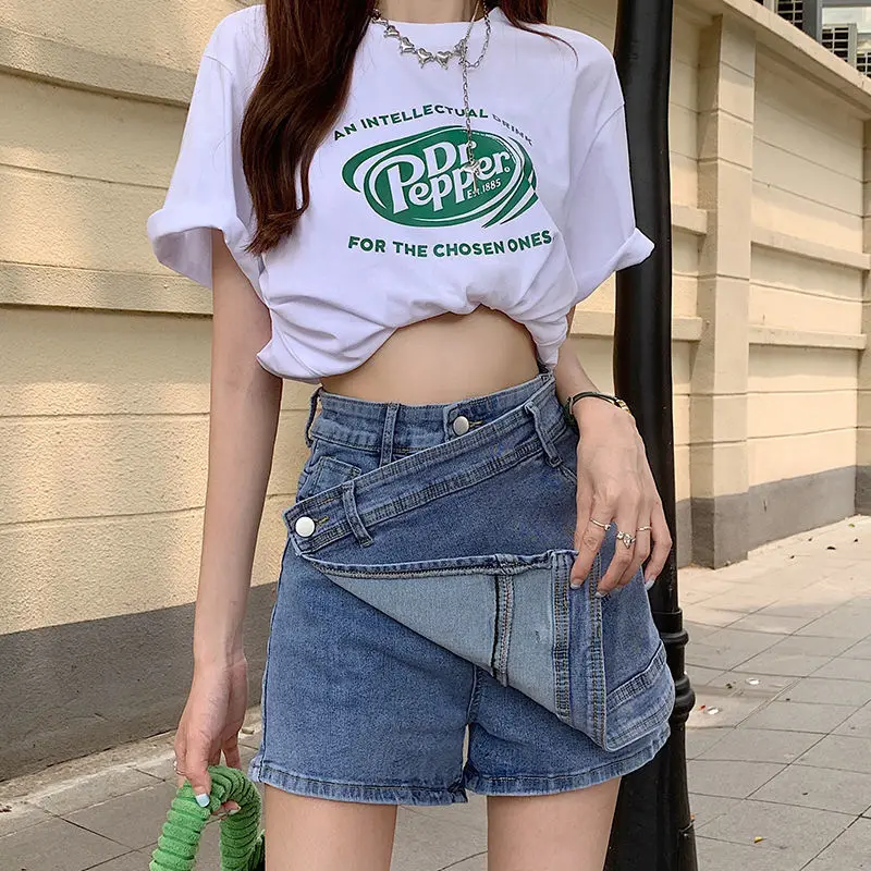 2023 Summer New Women Denim Shorts Pleated High Waist Stretch Jeans Y2K Women Fashion Vintage Beach Casual Shorts Skirt Korean
