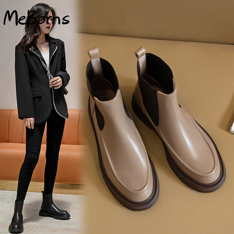 

Hot Genuine Leather Women's Boots Retro British Style Slip-On Chelsea Boots Fashion Ankle Boots Round Toe Flat with Women Shoes