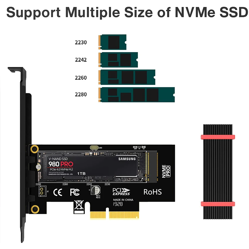 Адаптер JEYI M.2 PCIe-NVMe с алюминиевым радиатором 64 Гбит/с PCIe4.0 X4 Gen4 NVMe Расширительная