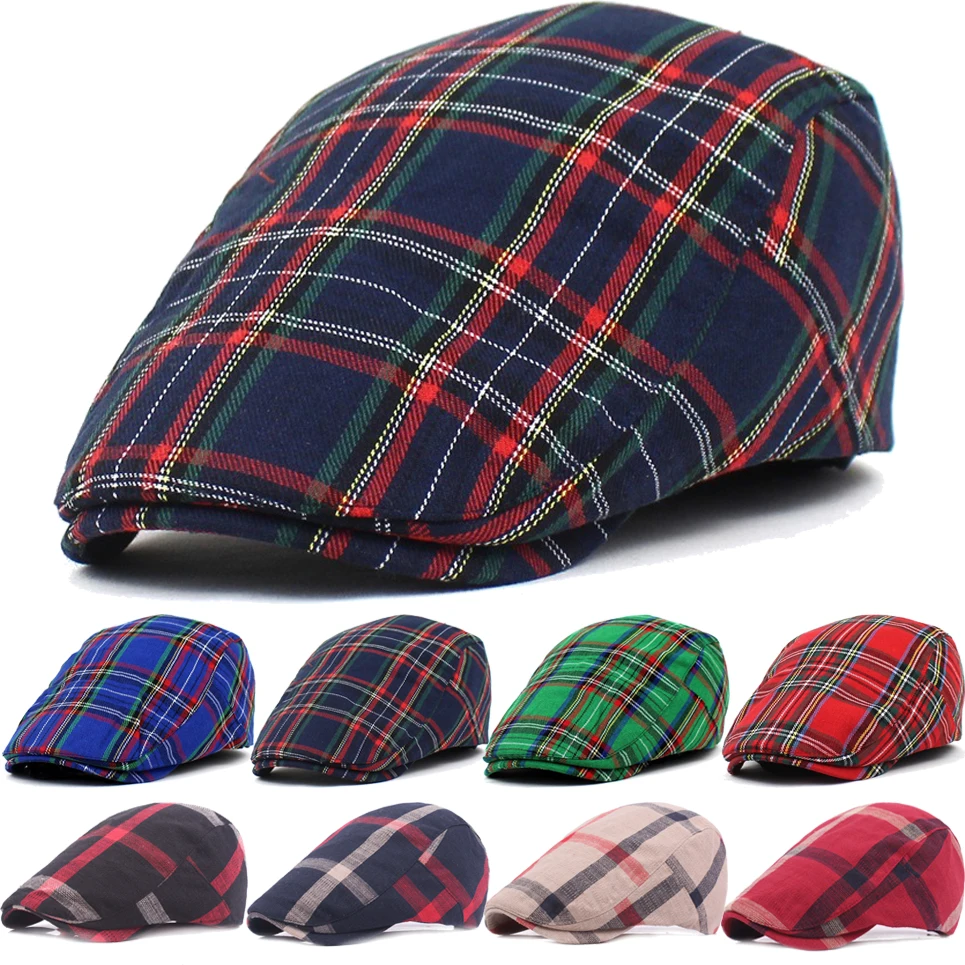 

Vintage Plaid Beret Caps British Men Women Adjustable Outdoor Riding Caps Cotton Hats Berets Top Hat Winter Autumn Windproof