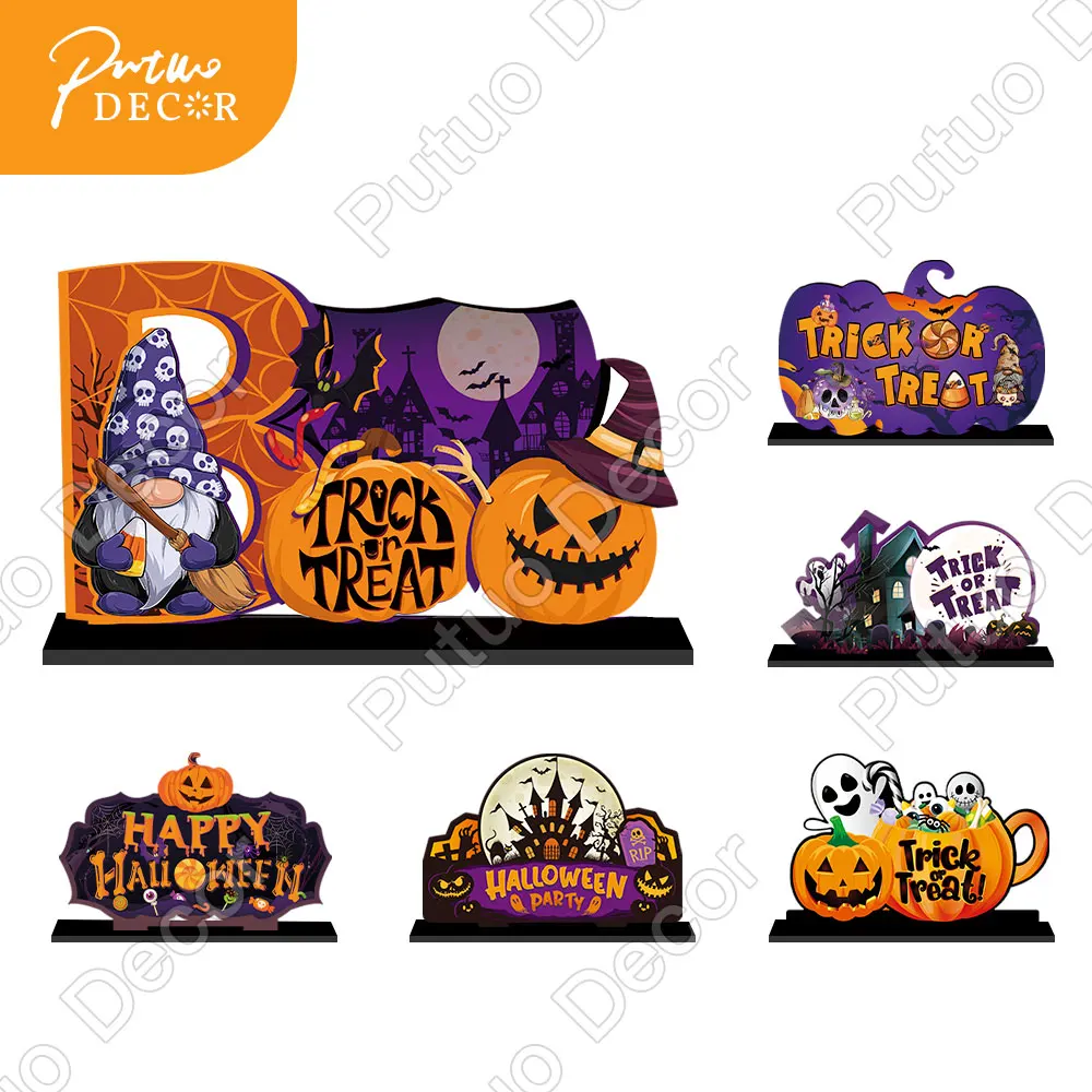 

Putuo Decor Happy Halloween Table Decorations Centerpieces Wood Table Sign Trick or Treat Halloween Night Party for Kitchen Room