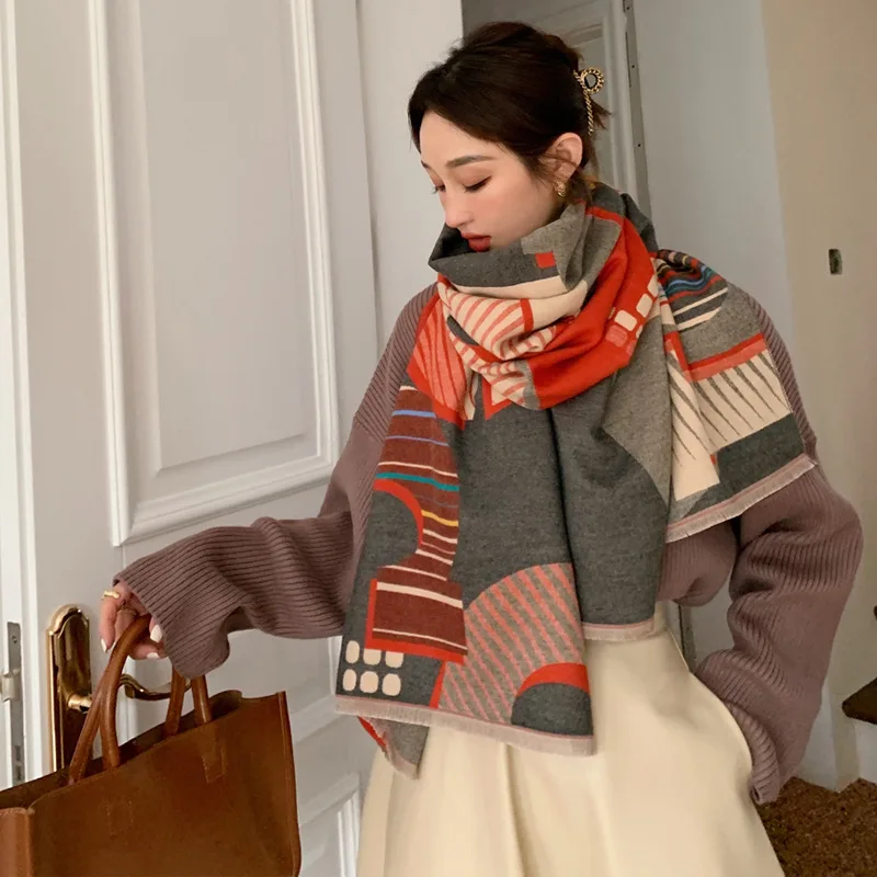Модный зимний женский шарф с буквенным принтом 2022, дизайнерская Толстая кашемировая теплая шаль из пашмины, шаль, женское Брендовое одеяло, пончо Bufanda