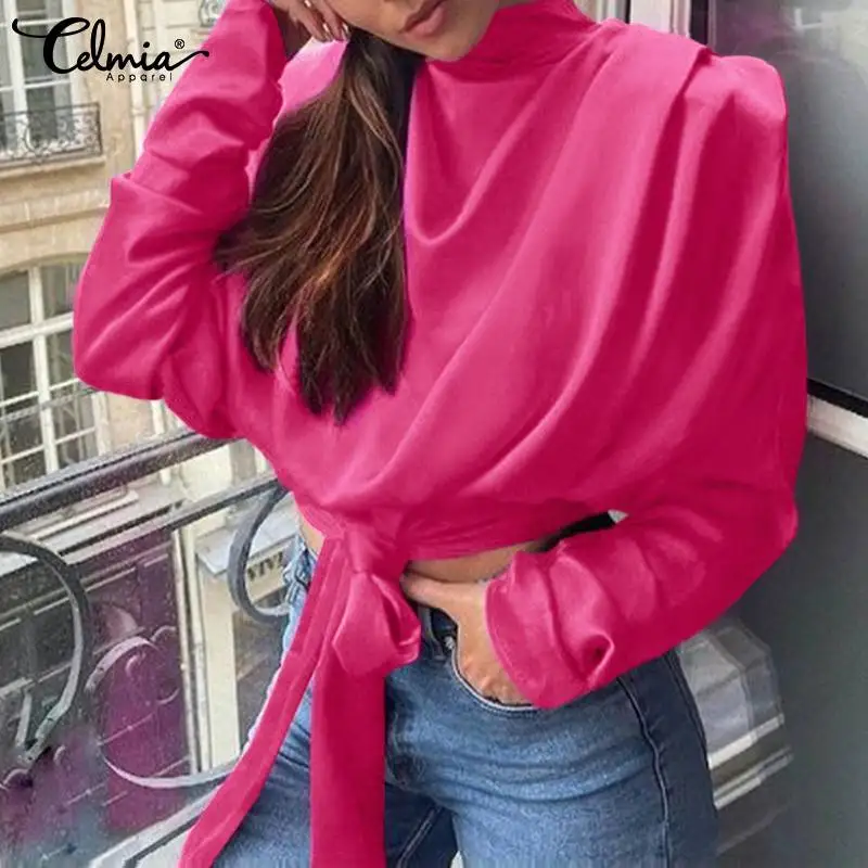 

Women Shirts Elegant Tunic Top 2022 Celmia Ladies Long Sleeve Slik Satin Blouses High Collar Party Pleated Bandage Casual Blusas