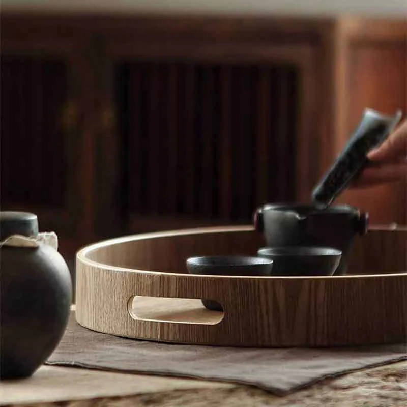 

2X Round Serving Bamboo Wooden Tray For Dinner Trays Tea Bar Breakfast Food Container Handle Storage Tray 2 & 3