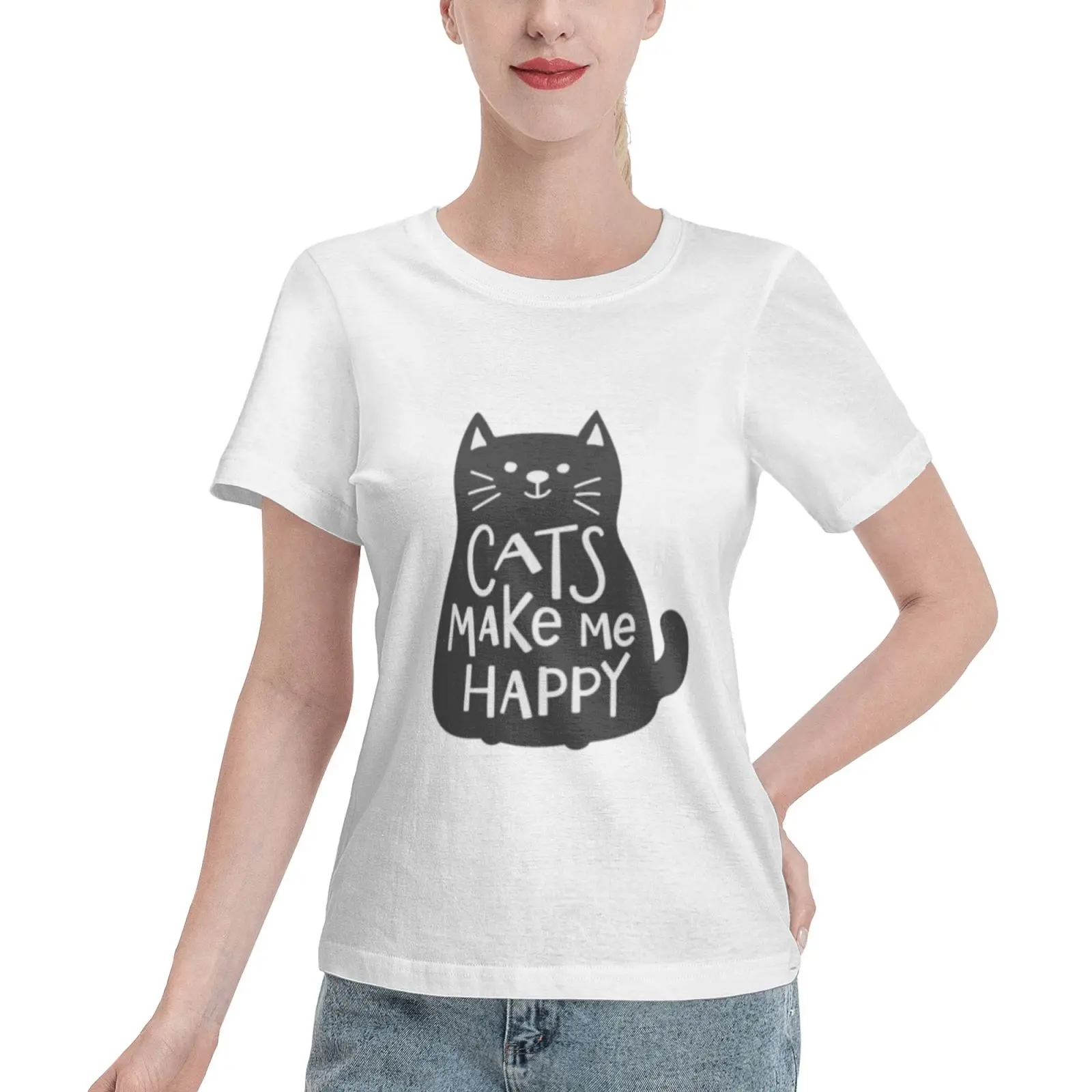 

Bonded Women's Cotton T-Shirt CATS MEDE ME HAPPY Humorous Text Art Hip Hop Personalized Customization s-XXL