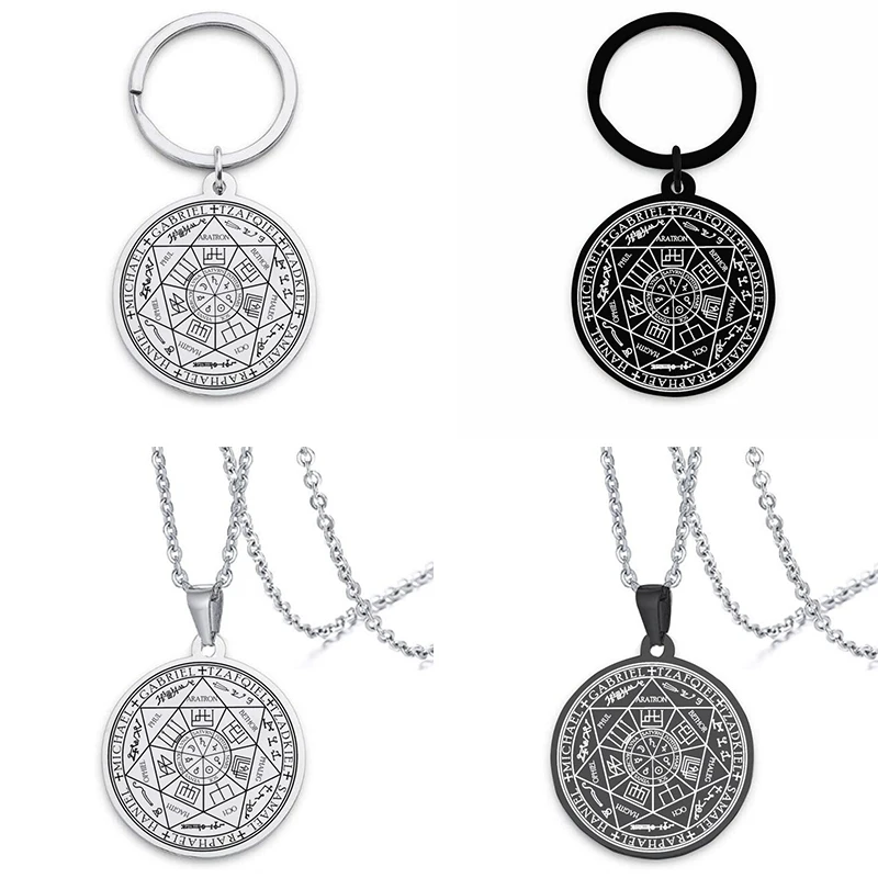 

Stainless Steel Keychain Ancient Angel Magic Circle Keychain Necklace Solomon Kabbalah Amulet Mystic Totem Pendant