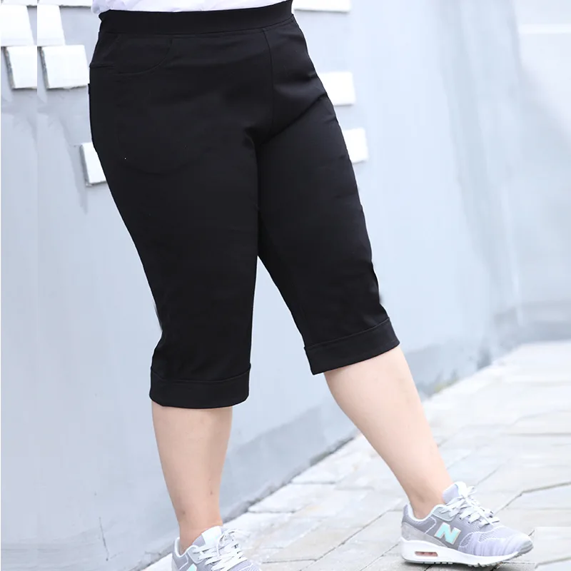 

Plus Size Women Clothing Summer Female Capris Pants Elastic Waist Loose Casual Black Calf Length Trousers 3XL-7XL
