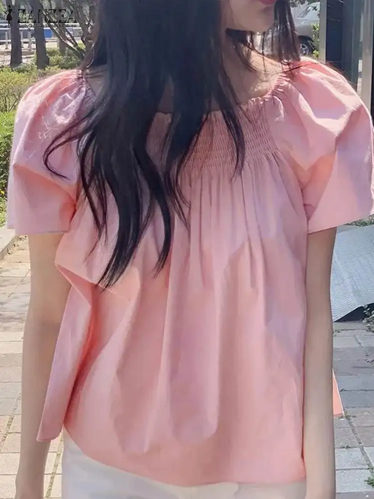 Женские корейские блузки ZANZEA с квадратным вырезом лето 2024 праздничные розовые
