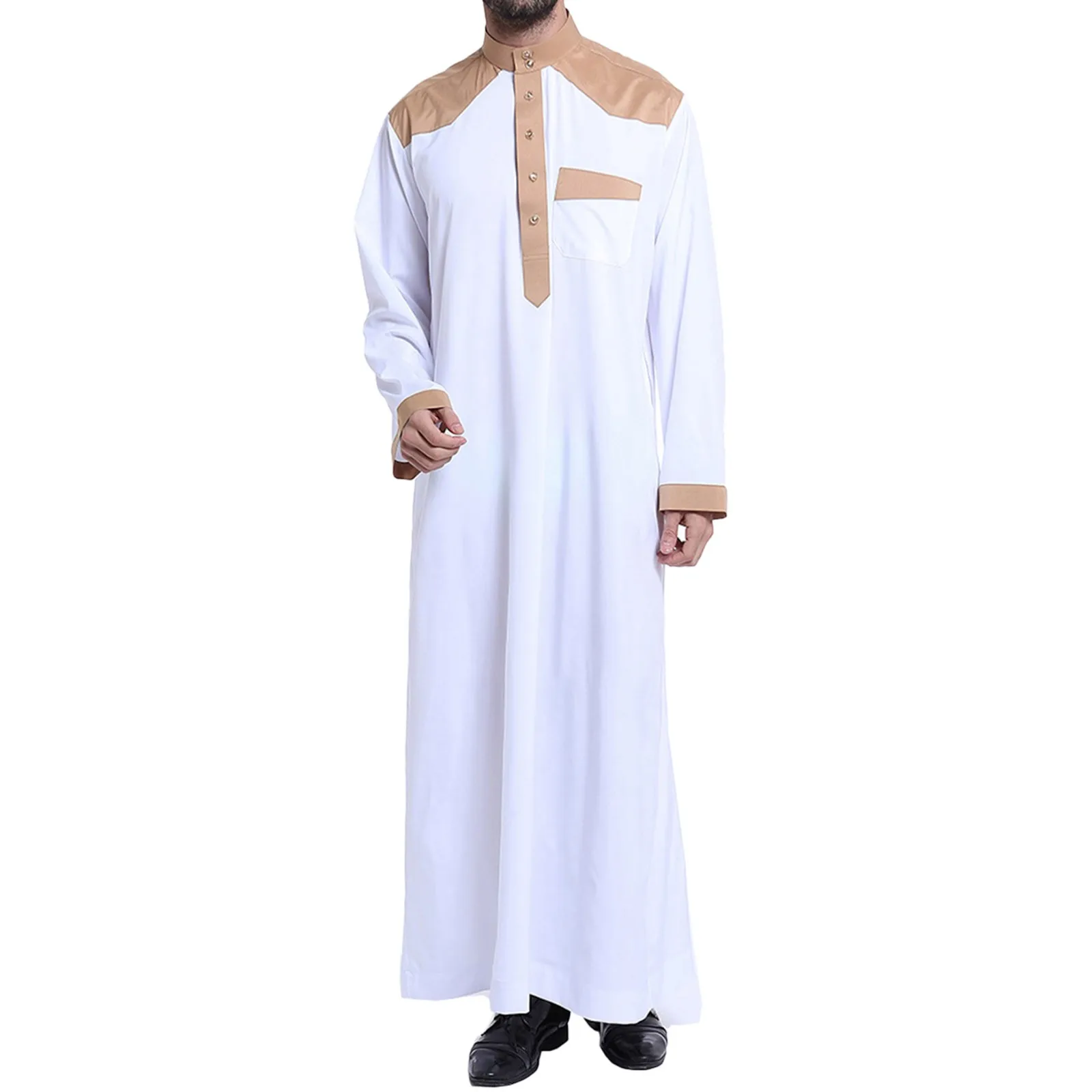 Men's Casual Muslim Arab Middle Patchwork Collar Long Sleeved Robe All- Button Shirts