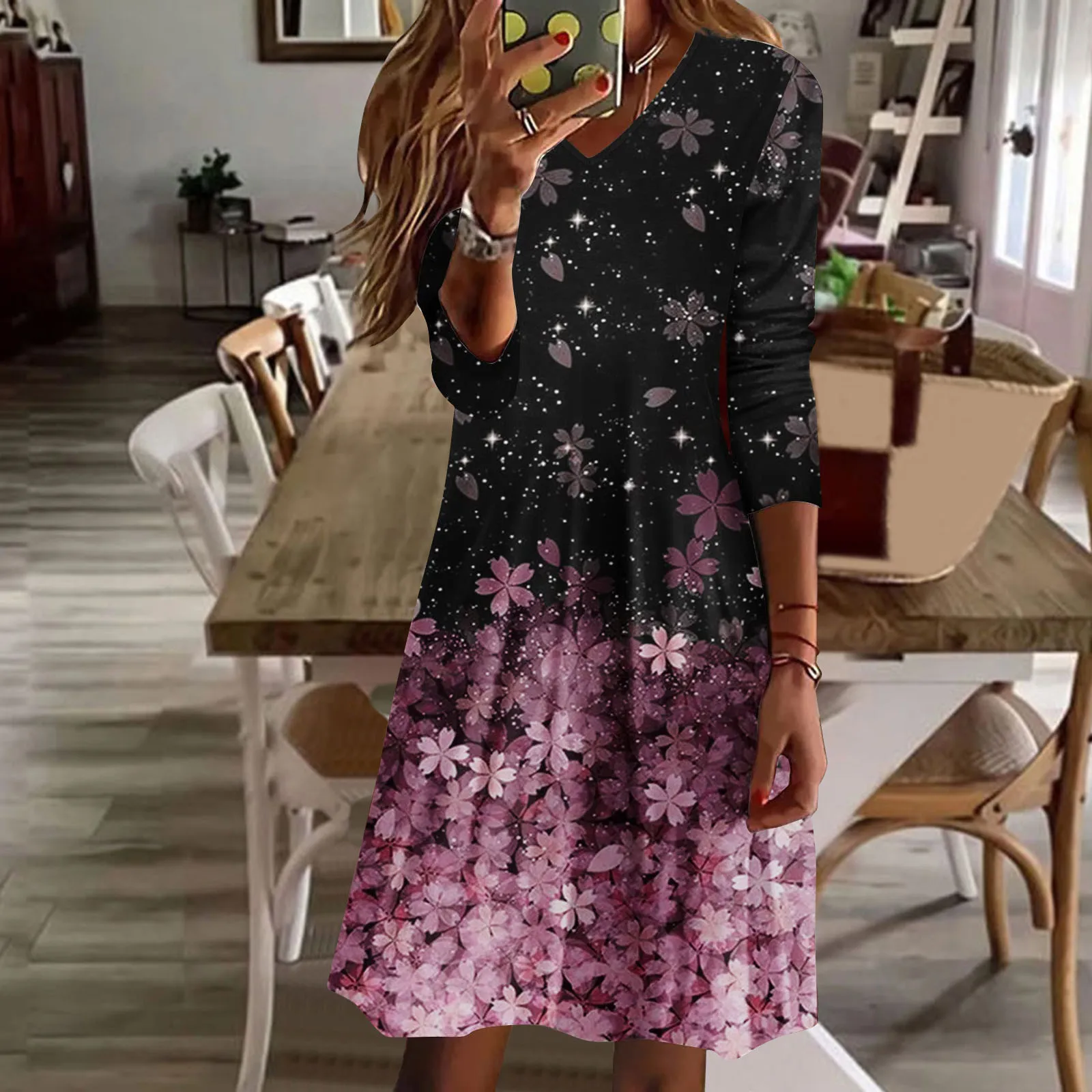 

Women's Print V Neck Long Sleeve Casual Swing Simple Dress Summer Swing Dress