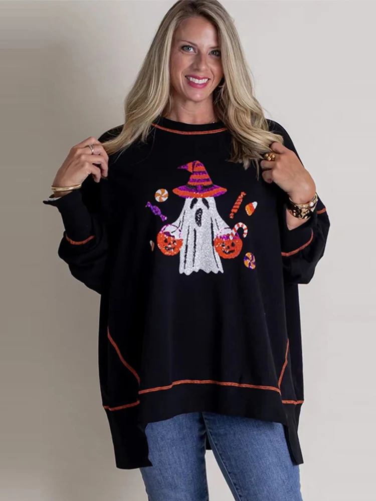 Толстовки с блестками и круглым вырезом на Хэллоуин женские повседневные