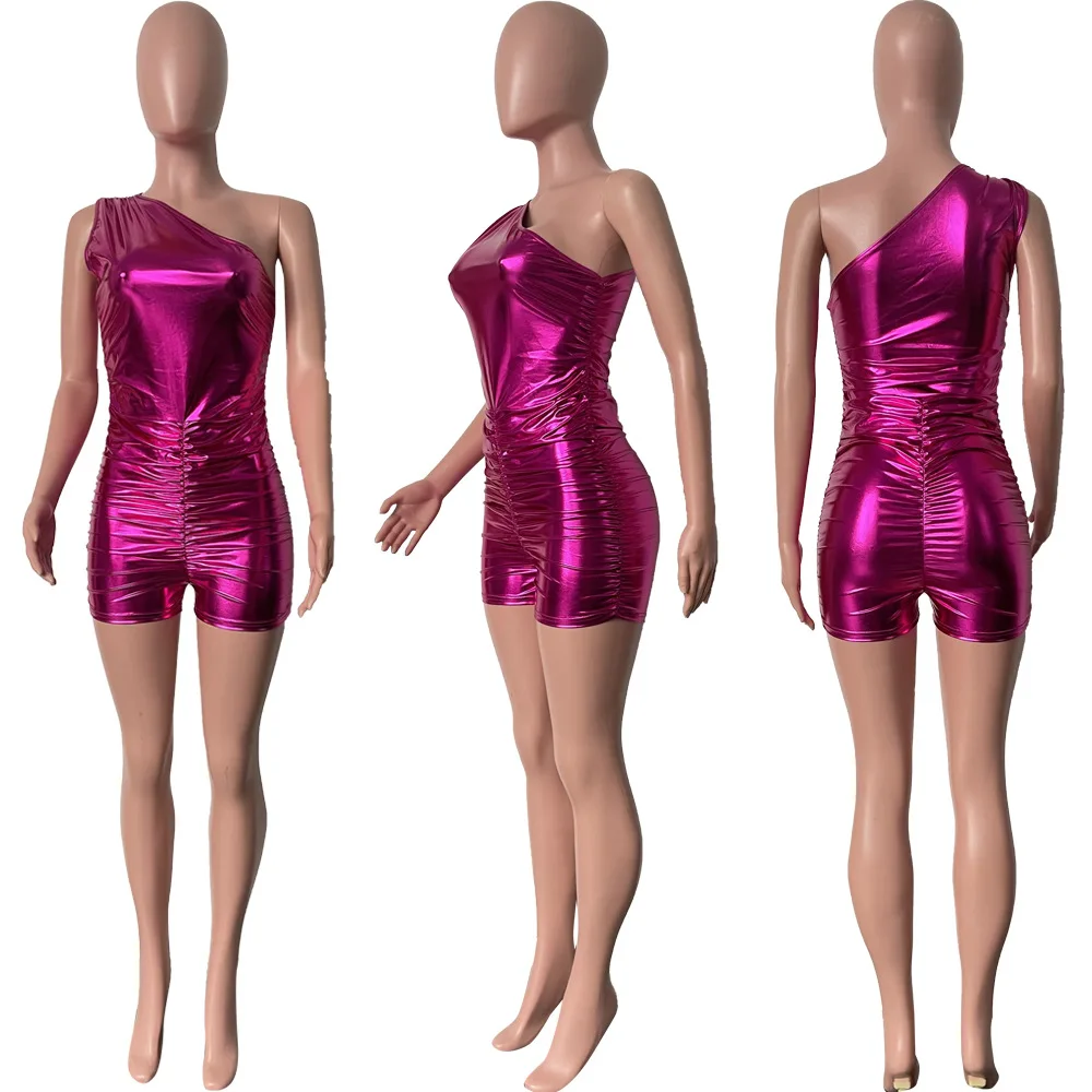Womens Sexy Sleeveless One Shoulder Ruched Faux Leather Bodycon Shorts Jumpsuit Party Clubwear Playsuit 2023 One Piece Suit