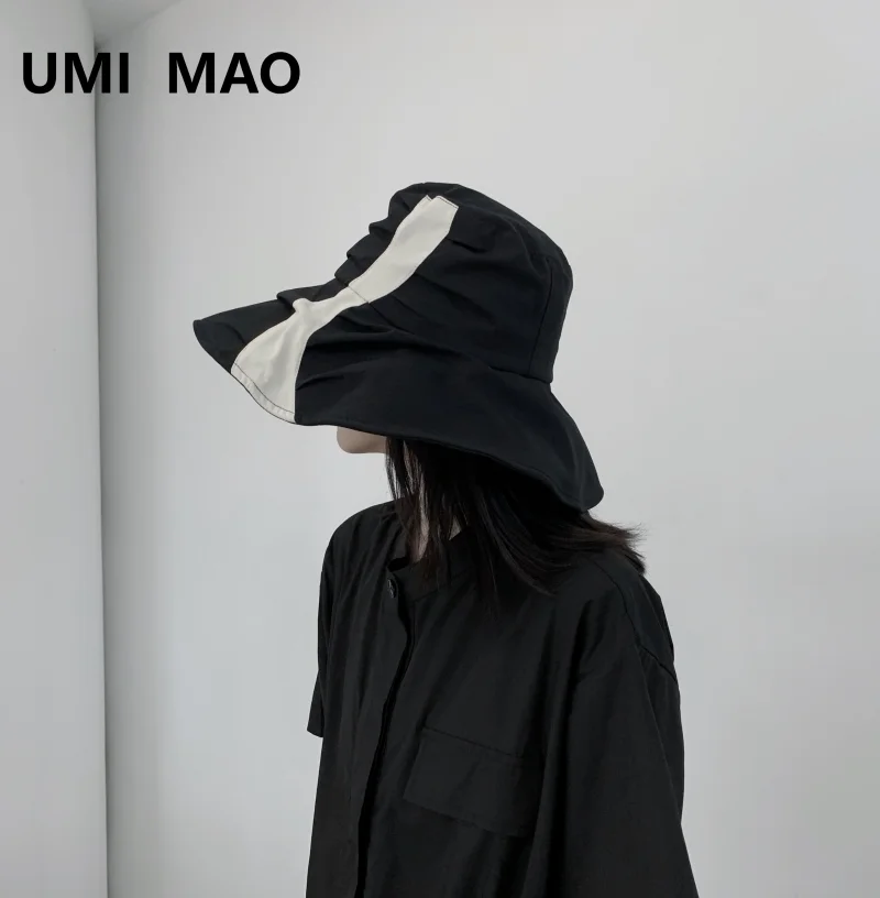 

UMI MAO Dark Hat Niche Japanese Cotton Linen Fisherman Hat Large Brim Patchwork Summer Sunshade Sunscreen Basin Hats