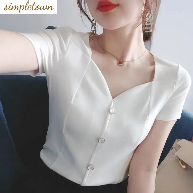 Sexy V-neck Chiffon Short Sleeve Shirt 2023 New Summer Style Slim and Versatile Loose T-shirt Top Women's Fashion