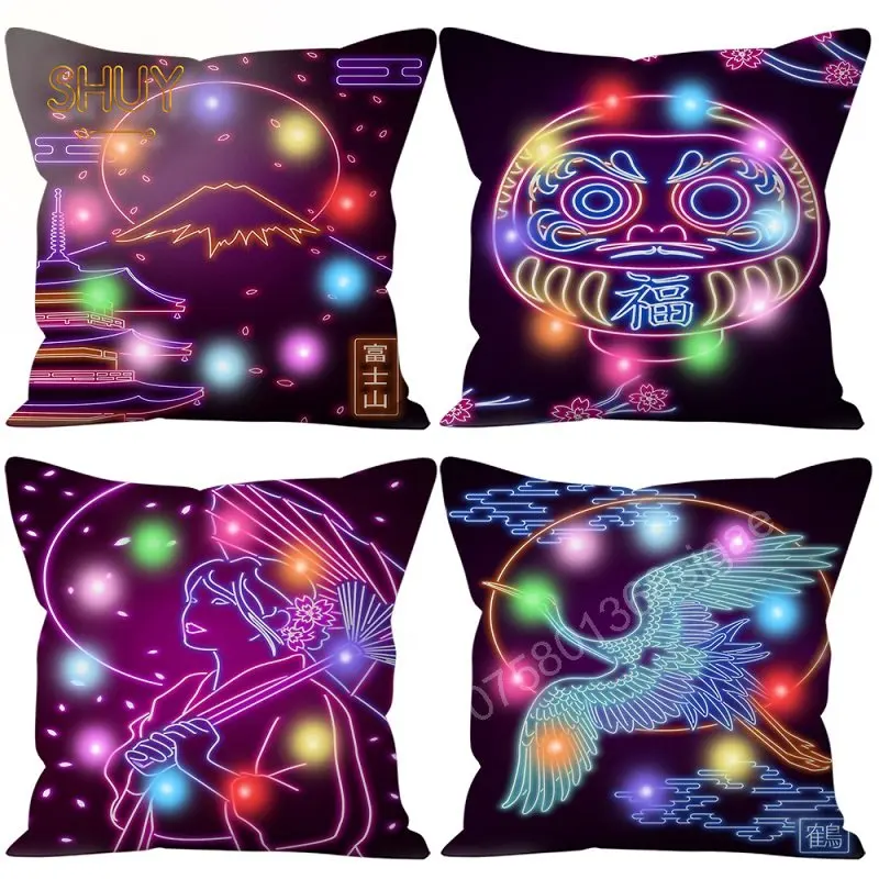 

Neon Japanese Dharma Pillowcase Cushion Cover Polyester Living Room Pillow Case Car Chair Seat Throw Pillows Home Decoration