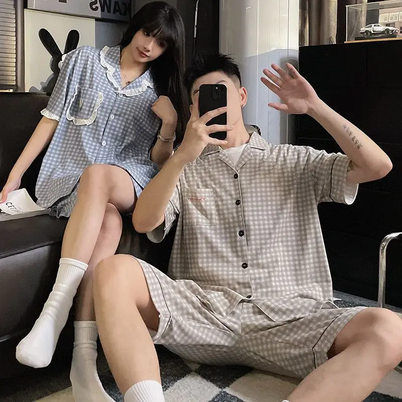 

1 Couple pajama women's thin summer short sleeve cardigan new cotton striped men's lapel summer loungewear set