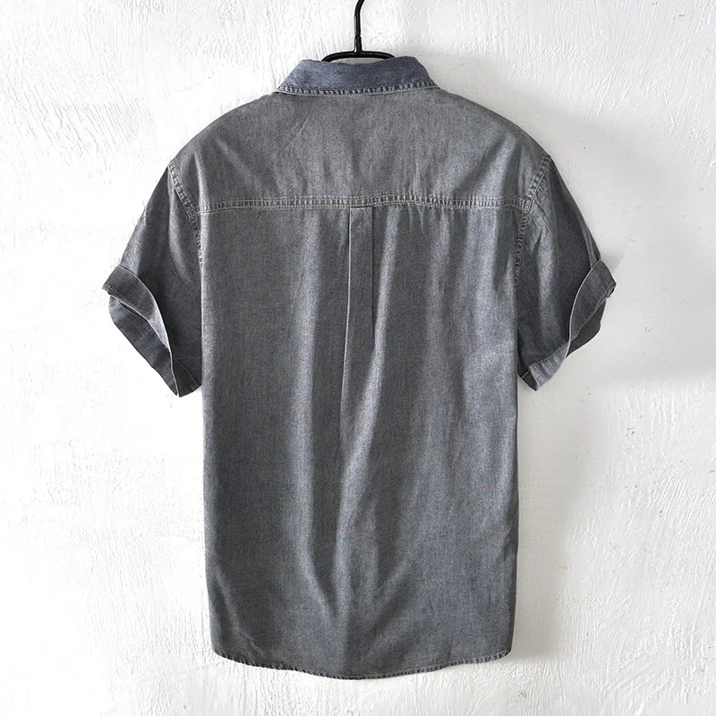 Summer Men Japan Style Patchwork Cotton Denim Short Sleeve Shirt Fashion Male Casual Contrasting Colors Thin Shirts Cloth