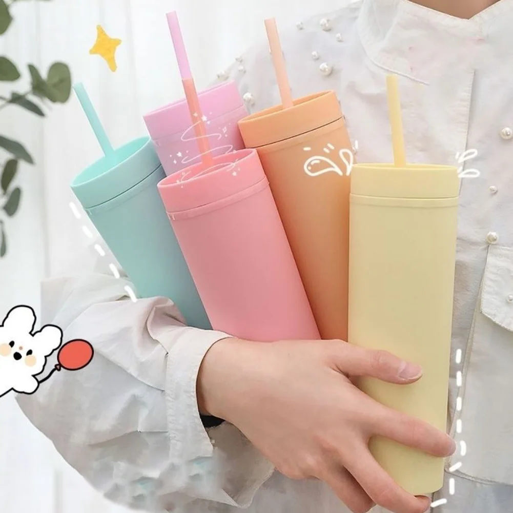 

Double Layer Plastic Straw Cup Straight Body Straw Cup With Lid 450ml Candy Color Juice Drinking Water Bottle For Girls Fashion