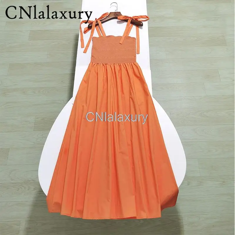 

CNlalaxury 2023 Summer Fashion New Women Bow Tie Slim Bralette Suspenders Dress Striped Female Simple Holiday Long Dress Chic