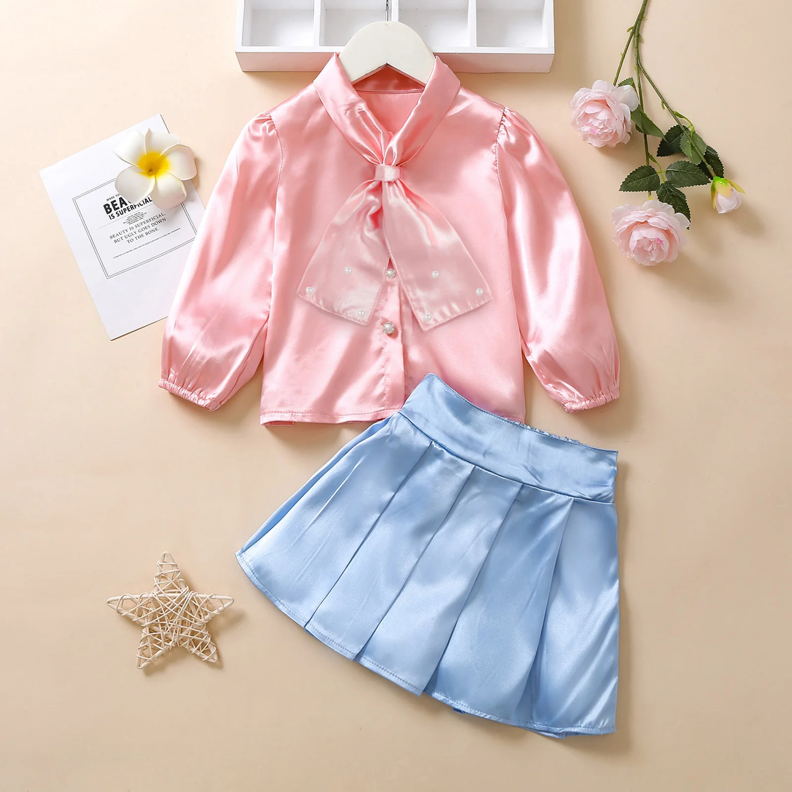 

2pcs Fashion Kids Girls Clothes Sets Solid Long Sleeve Satin Pearl Shirts Tops Pleated Skirts Spring Autumn Outfits
