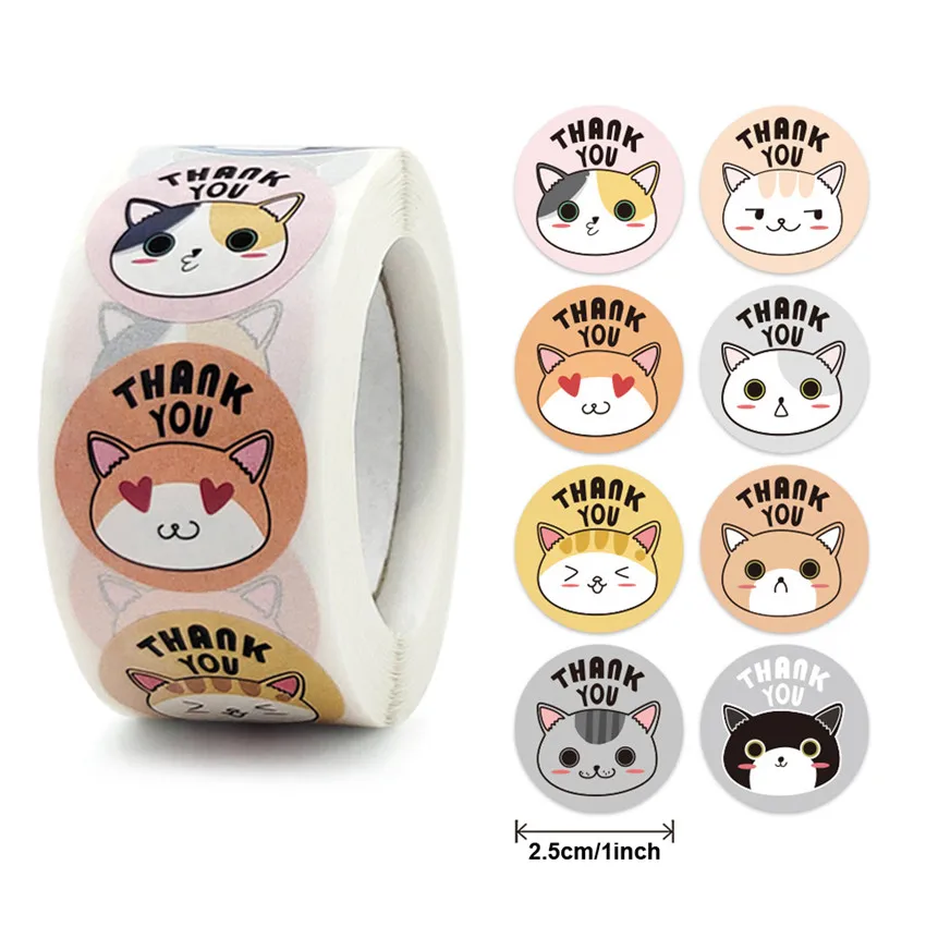 

Cartoon Animals Thank you sticker 100-500pcs Cute Cat Label sticker for School Teacher Reward Gift decoration Stationery sticker